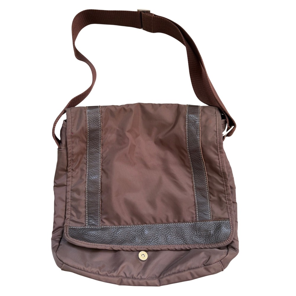 Hennessy Brown Nylon Messenger Bag Leather Trim Crossbody Flap Shoulder Bag